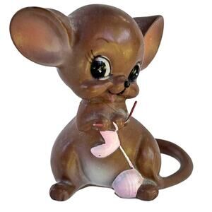 Small Ceramic Knitting Brown Mouse Ball of Pink Yarn Pink Sock 2.5"